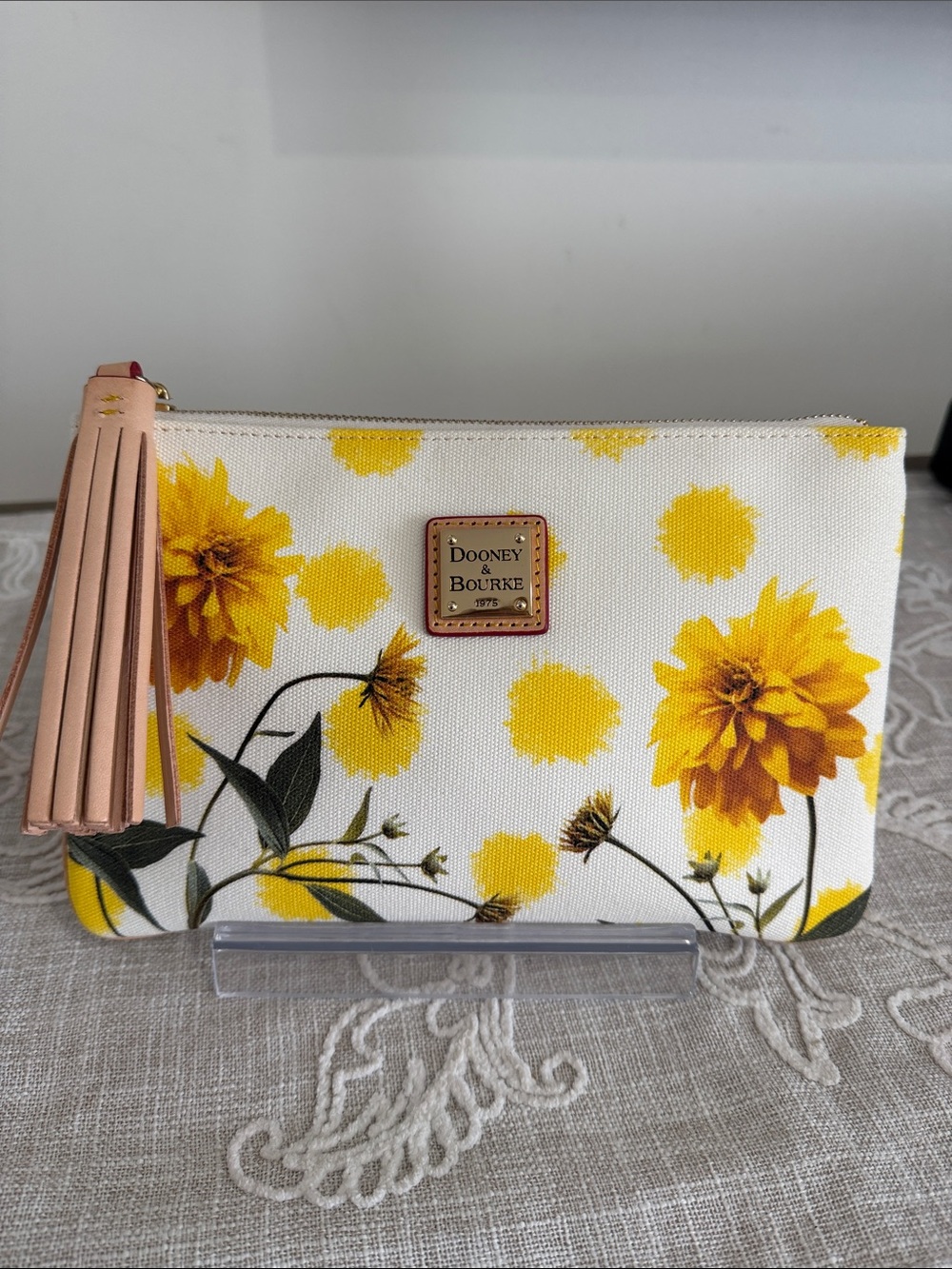 Dooney & Bourke Yellow Dahlia Floral Canvas Clutch w/Beige Leather Tassel/Trim